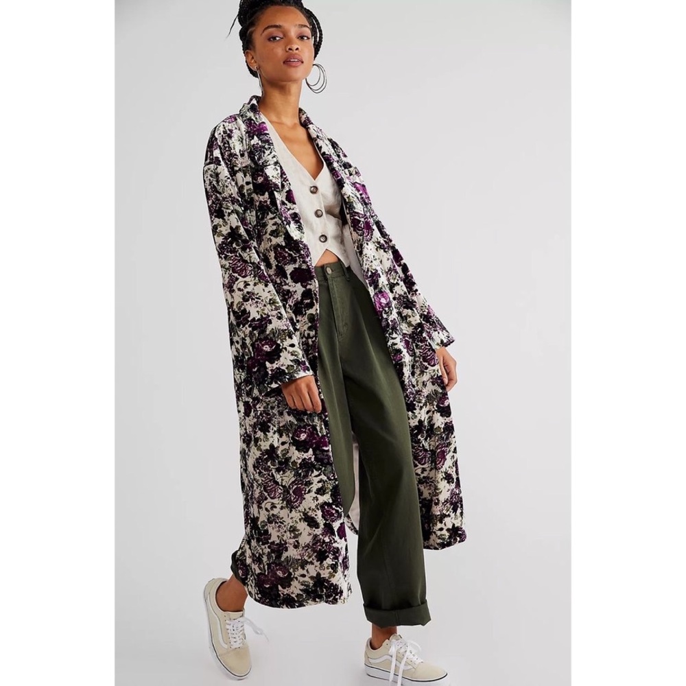 Free People Cream, Black & Purple Floral Velvet Duster